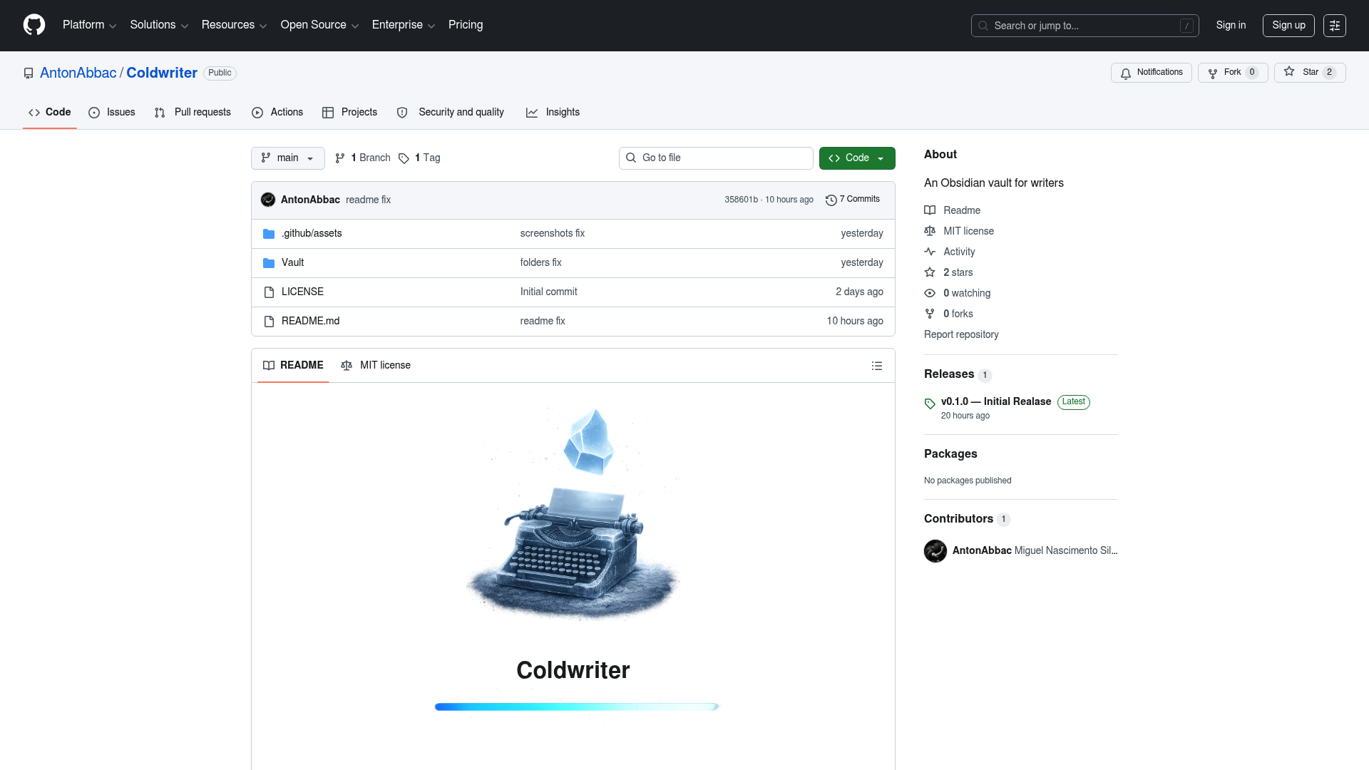 Coldwriter — An Obsidian vault for writers — Vault Templates built with Obsidian