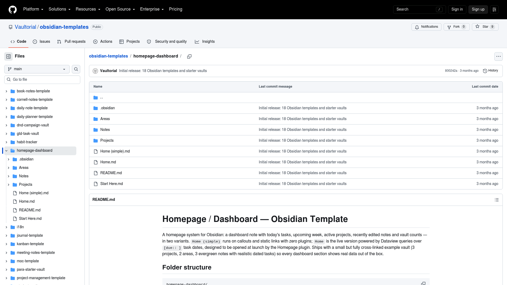 Obsidian Homepage Template (dashboard) — Vault Templates built with Obsidian