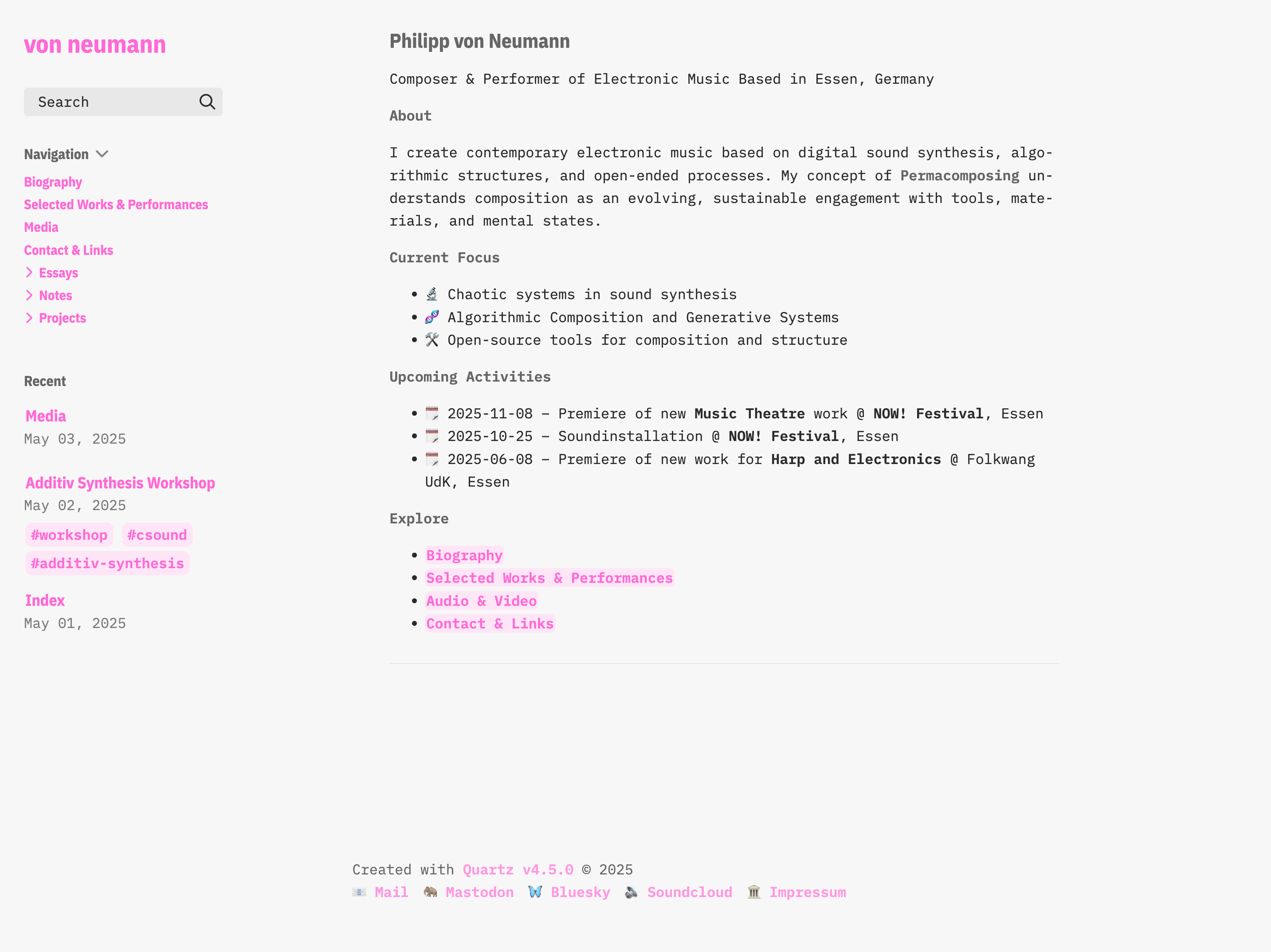 Artist Website - Composer and Performer of Electronic Music — Quartz built with Obsidian