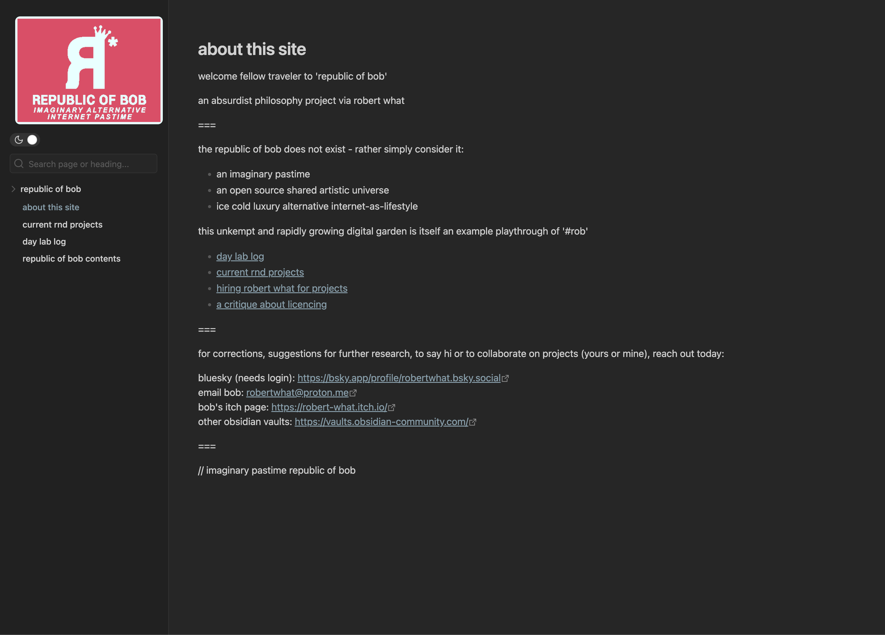 Imaginary Internet Pastime Republic Of Bob — Obsidian Publish built with Obsidian
